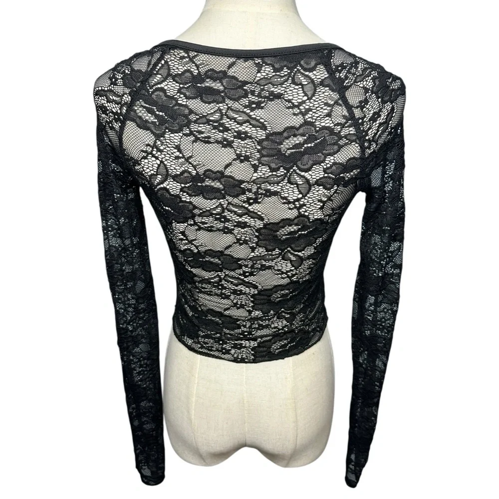 Unbranded Y2K Babydoll Black Lace Sheer Top Dark‎ Coquette Grunge